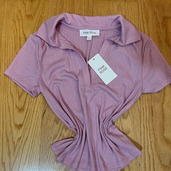 Pink Ribbed Crop Top with Collar - Picture 6 of 6